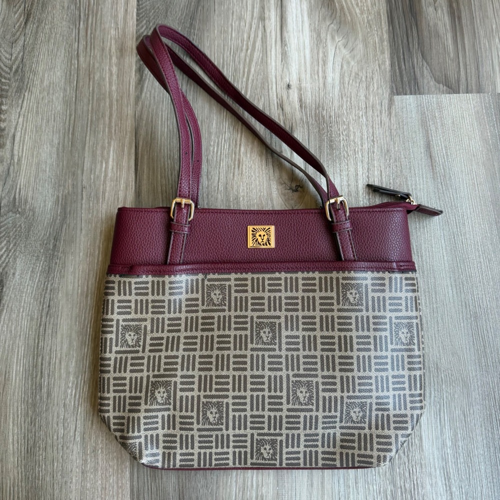 Anne Klein Burgundy Monogram Lion Logo Tote Shoulder Bag Gold Hardware‎